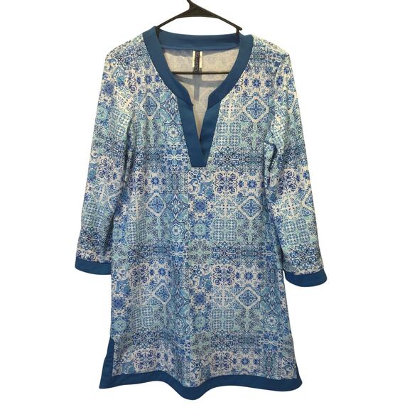 AQUA ET SOL Dress UPF 50+ Blue White Tunic Long Sleeve Quick Dry Stretch MEDIUM - Picture 1 of 5